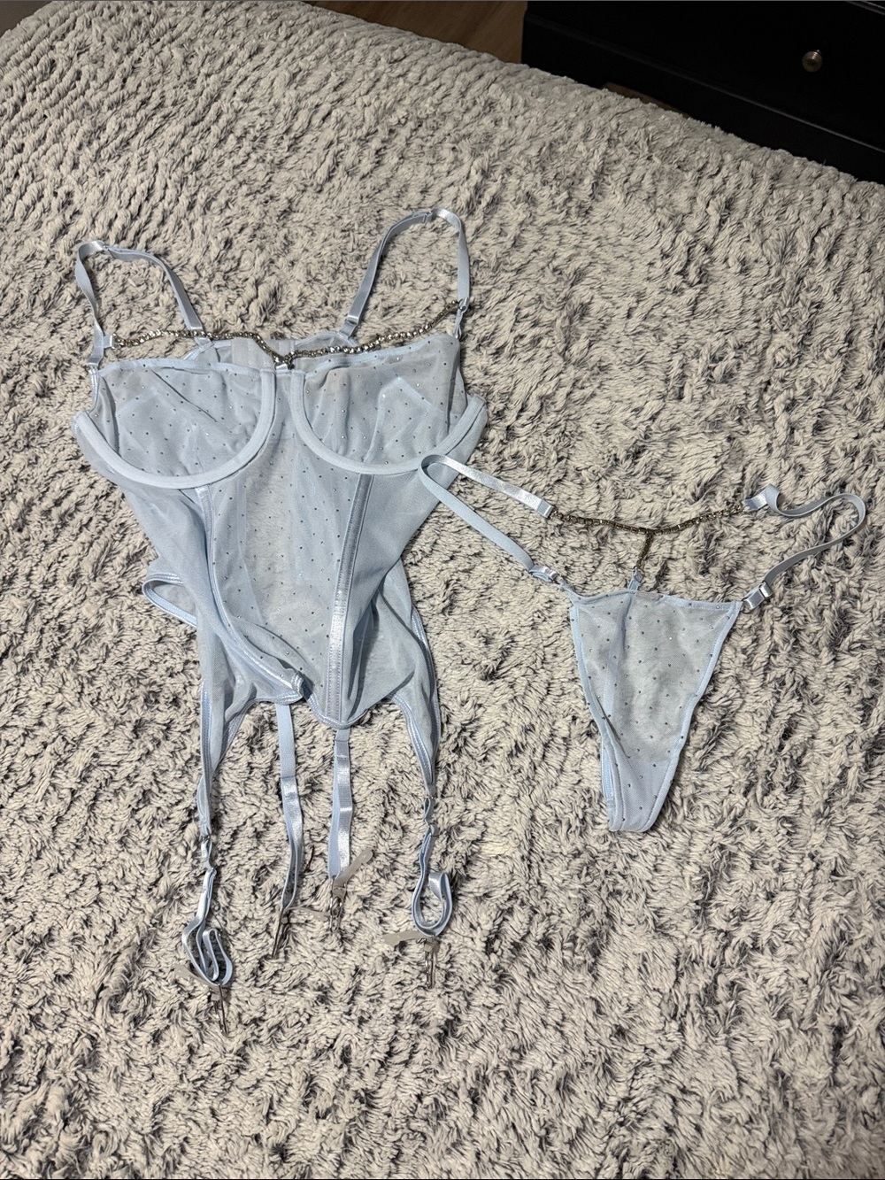 Light Blue Rhinestone Mesh Bustier and Thong Set - Elegant Shapewear